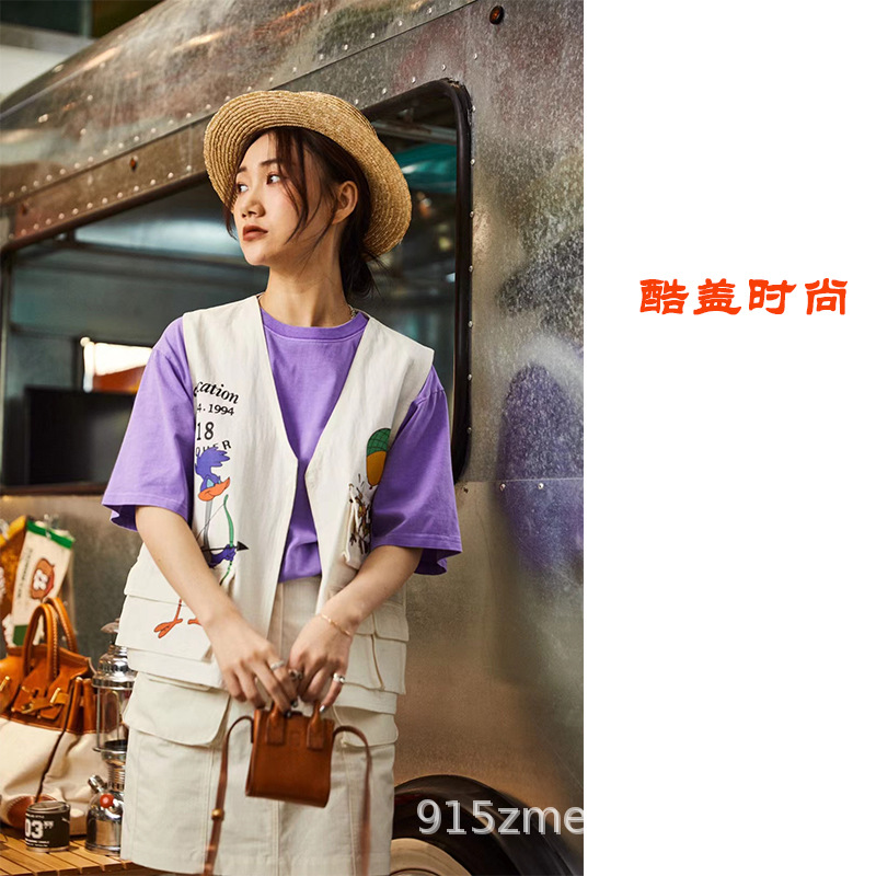 aimeewq Spring new pattern Woven pocket Cartoon zipper white Khaki Vest