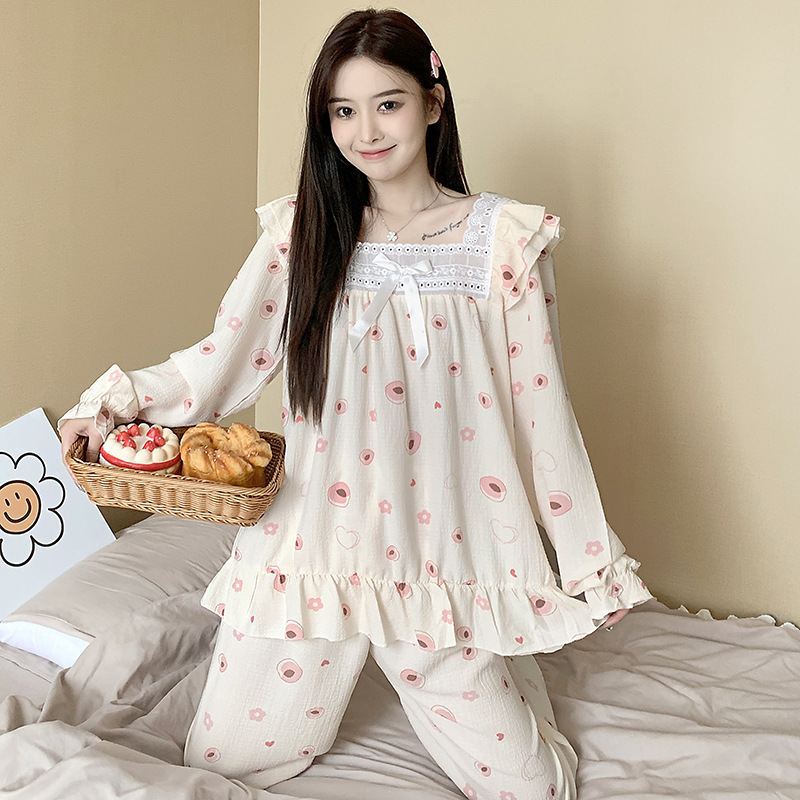 Princesa estilo pijamas de las mujeres tejido crepe encaje algodón cuello cuadrado suéter manga larga Otoño e Invierno dulce desgaste del hogar traje