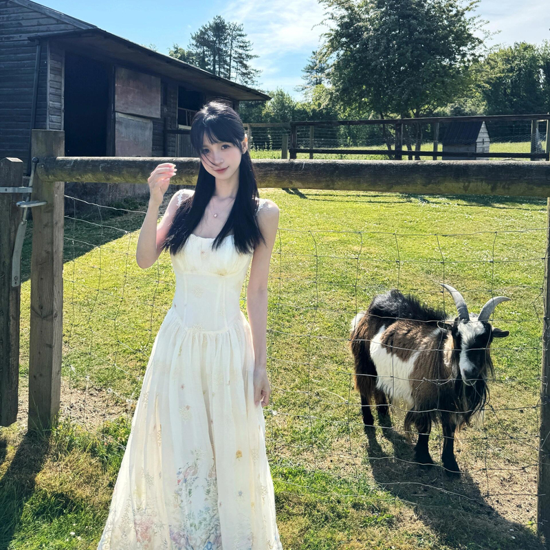 秘镜花园重刺绣吊带连衣裙女夏季海边度假风腰显瘦绝美长裙子|undefined