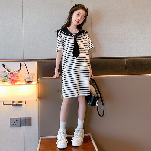 Girls' skirts, summer style, girls' navy style, big children's college style dresses, children's striped short-sleeved T-shirts, loose