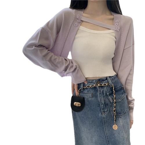 Korean sling outer air-conditioning blouse ice silk long-sleeved knitted sun protection cardigan women's thin short jacket summer