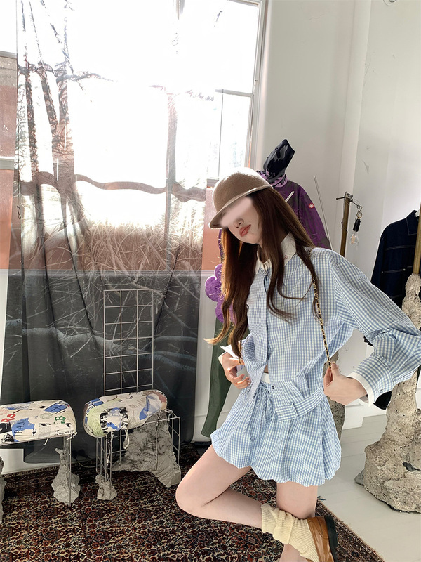 aaaaxbbb 冷调锡蓝 蓝格子套装翻领衬衫花苞裙短裙撞色系带上衣女|undefined