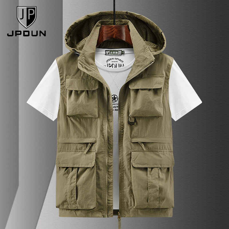Men's Thin Casual Vest Spring and Autumn Men's and Women's Multi-Pocket Workwear Large Size Waistcoat Hooded Vest Cross-Border