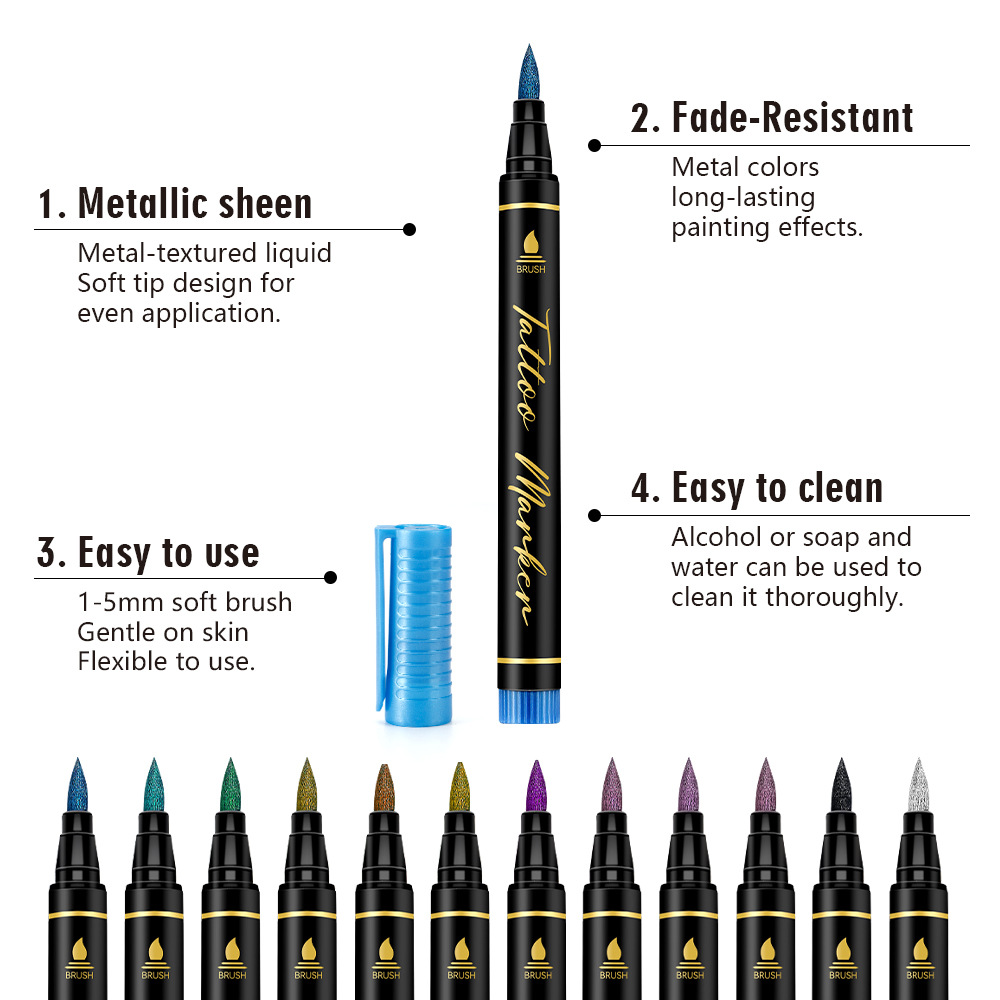 Ventas transfronterizas de tatuaje caliente bolígrafo de pintura corporal humano con accesorios pegatinas agujeradas bolígrafo de pintura infantil en stock