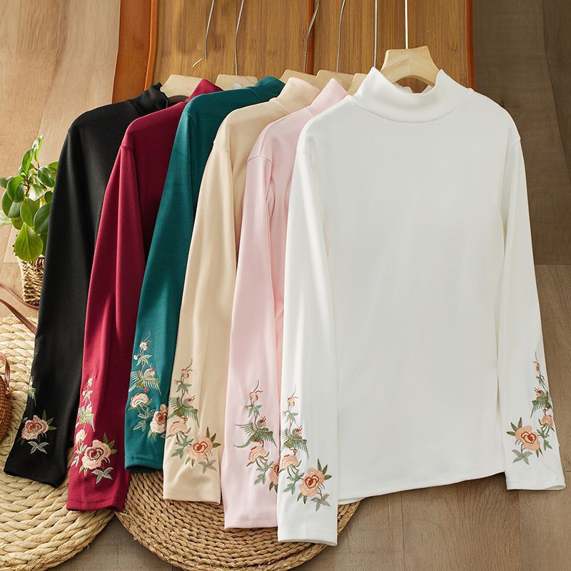 秋冬新款复古德绒文艺刺绣打底高领内搭保暖民族长袖T恤上衣女装