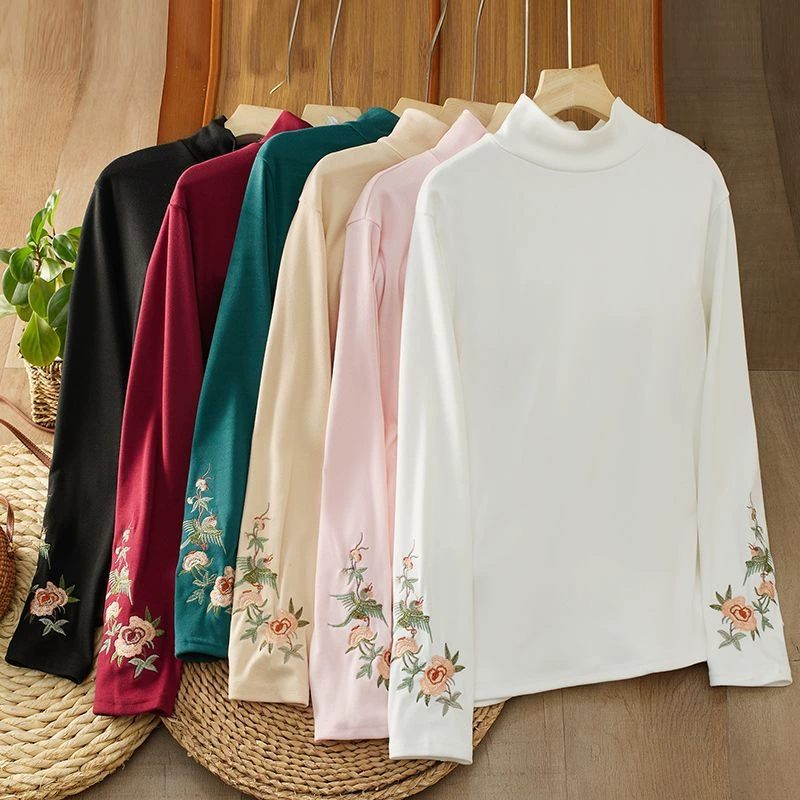 Осенне-зимняя новая немецкая бархатная футболка с художественной вышивкой в ​​стиле ретро, ​​с высоким воротником, теплая этническая футболка с длинными рукавами, топы для женщин