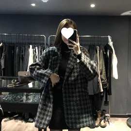 千鸟格毛呢外套女秋冬季2025新款夹棉加厚韩版宽松中长款呢子大衣