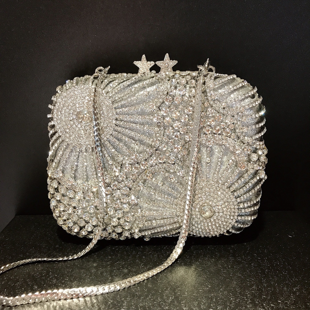 BL505 nuevo estilo europeo y americano de banquete de mano de fuegos artificiales de cinco puntas bolsas de cristal plata con diamantes bolsas de cena c
