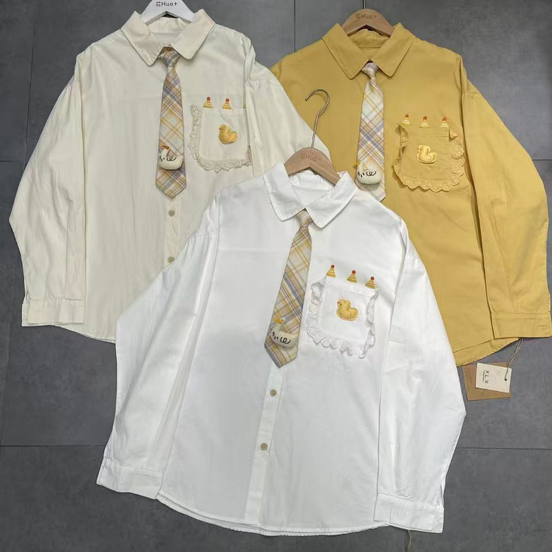 2026 New College Style Tie Shirt for Women, American Embroidery Fashionable Comfortable Long Sleeve Shirt