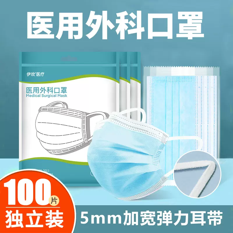 一次性医用口罩医院5mm加宽耳带加厚蓝色三层防护医用外科独立装