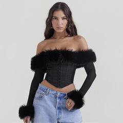 Autumn and winter new European and American style hot girl clothing fashionable fur collar one-shoulder fishbone long-sleeved short slim fit top for women