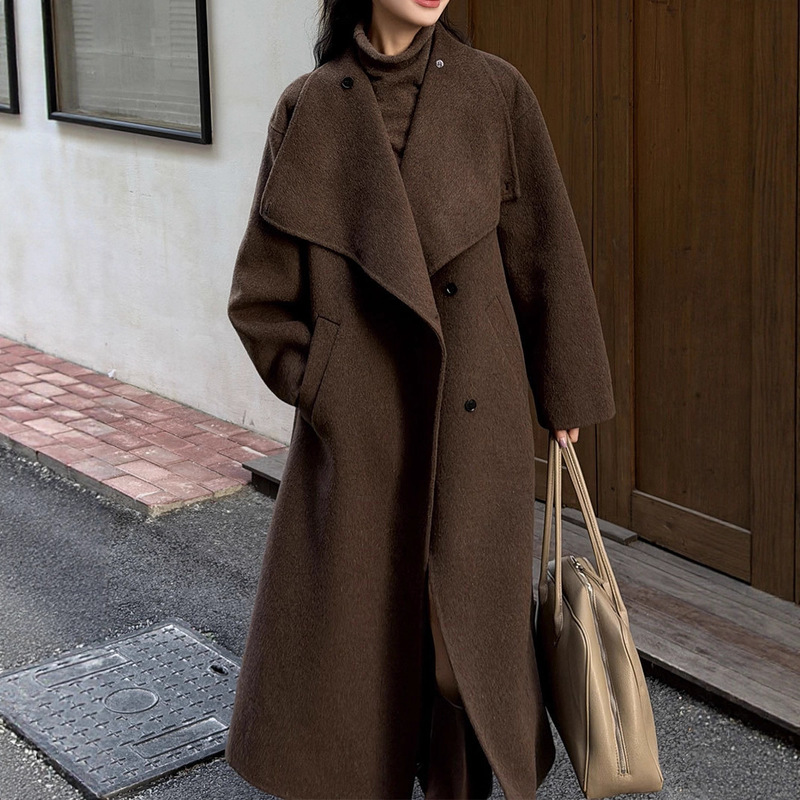 [Song Hyun-Yeon] New Factory Direct Autumn and Winter Large Collar Double-Sided Wool Coat with Elegant and Lazy Style, Extra Long Style