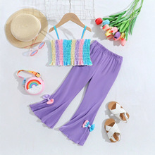 女童一字领无袖彩虹色打揽吊带+喇叭彩色蝴蝶结长裤套装夏款