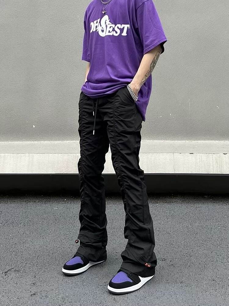 Men's Pleated Cargo Pants With Drawstring Waist And Stacked Hem_voghion.com