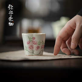 弥言釉上彩手绘桃花茶杯手工陶瓷海棠花口杯日式功夫茶具主人杯