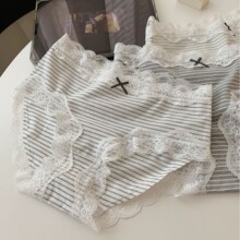 日系甜美条纹内裤女棉质无感蕾丝边中腰包臀舒适三角裤加长裆批发