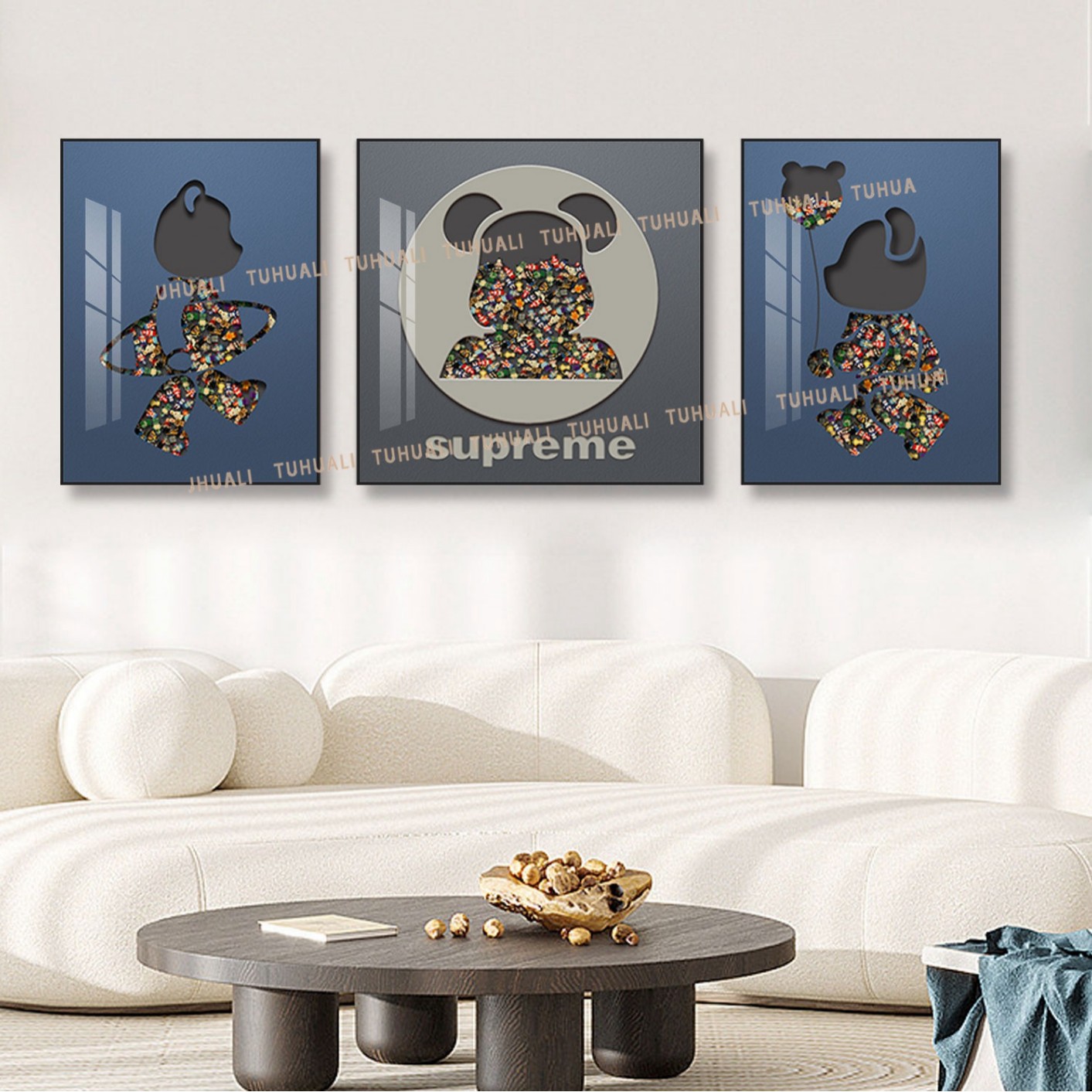 Bloques de construcción de Lego pintura real sala de estar triple pintura decorativa sofá fondo de pared explosivo oso dormitorio niños dibujos animados colgando pintura