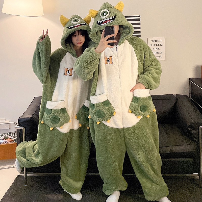 Invierno pareja pijamas de dibujos animados de las mujeres con capucha más el tamaño cálido estudiante ins estilo de una sola pieza desgaste del hogar 200kg usable