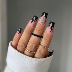 歐美跨境穿戴甲美甲甲片ins黑色火焰磨砂款指甲貼成品可拆卸