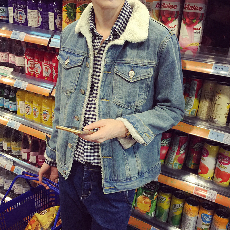 Abrigo de mezclilla con forro polar de invierno para hombre abrigo retro engrosado de algodón acolchado Cuello de piel ropa superior chaqueta abrigo de lana de cordero ropa de hombre