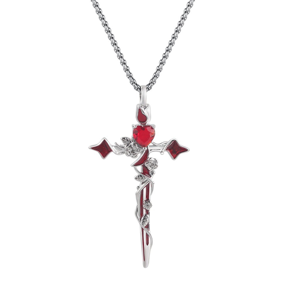 Men's Thorn Rose Cross Necklace, Personalized Rhinestone Pendant_voghion.com