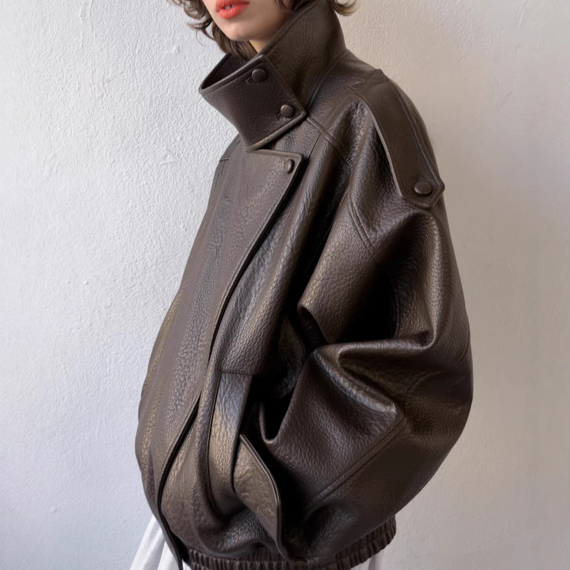 Original 4391/892 Leather Jacket European and American Women's Clothing Wholesale Brown Textured Faux Leather Jacket Loose Fit Pu Coat