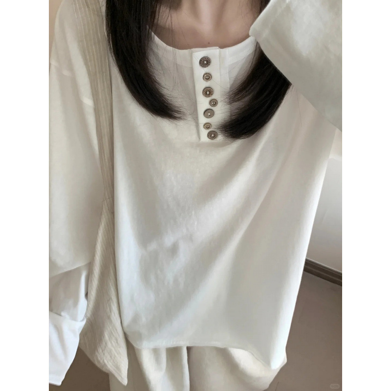工厂直销批发 韩系白色纽扣长袖T恤女早秋宽松慵懒风松弛感罩衫上|undefined