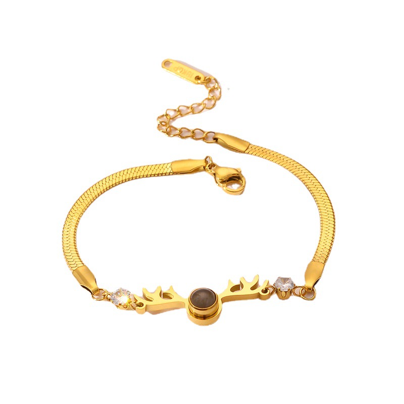 Ventas transfronterizas calientes de moda proyección de corno de ciervo pulsera de acero de titanio mujeres cien idiomas te amo todo el camino tiene tu pulsera de acero de titanio image 5