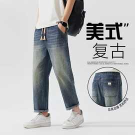 跨境新款锥形9分牛仔裤男士宽松直筒显瘦水洗日系休闲九分裤潮包
