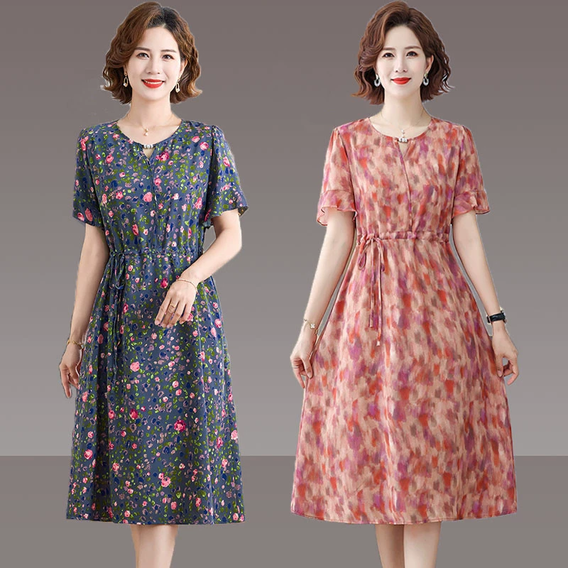 Шифоновое платье для матери среднего возраста, женственная юбка с короткими рукавами и цветочным принтом, летняя женская юбка с круглым вырезом и талией для женщин среднего и пожилого возраста.