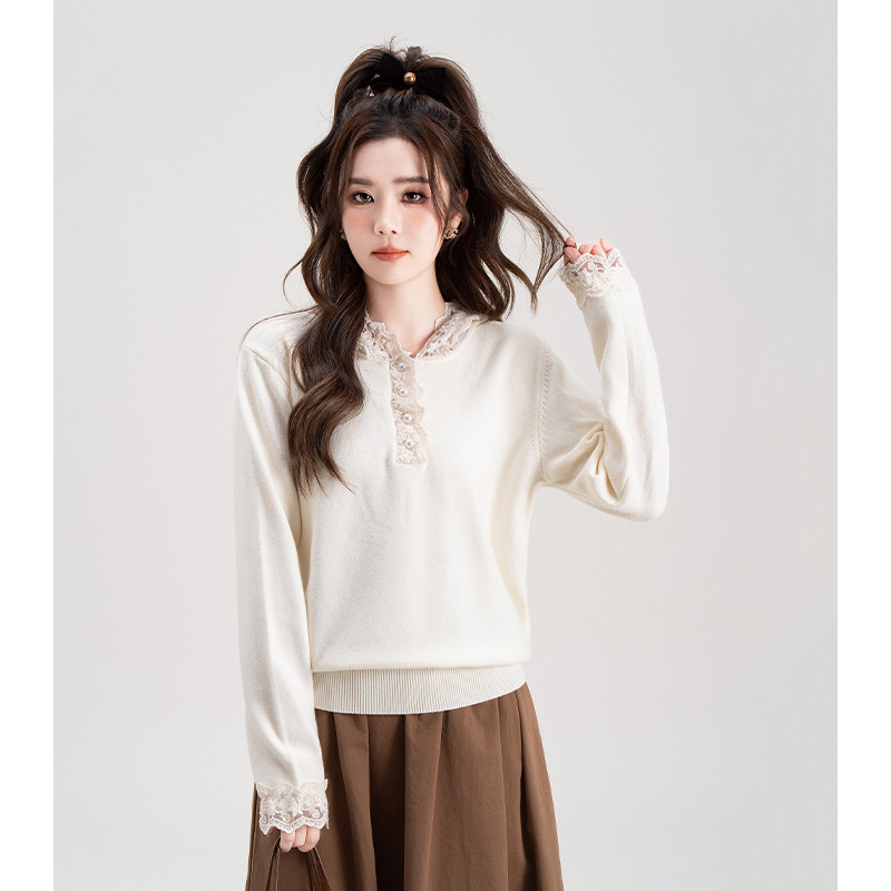 College Style Knitted Bottoming Shirt for Women Autumn and Winter Inner Top 2024 New Lace Splicing Beading Super Good-Looking Sweater