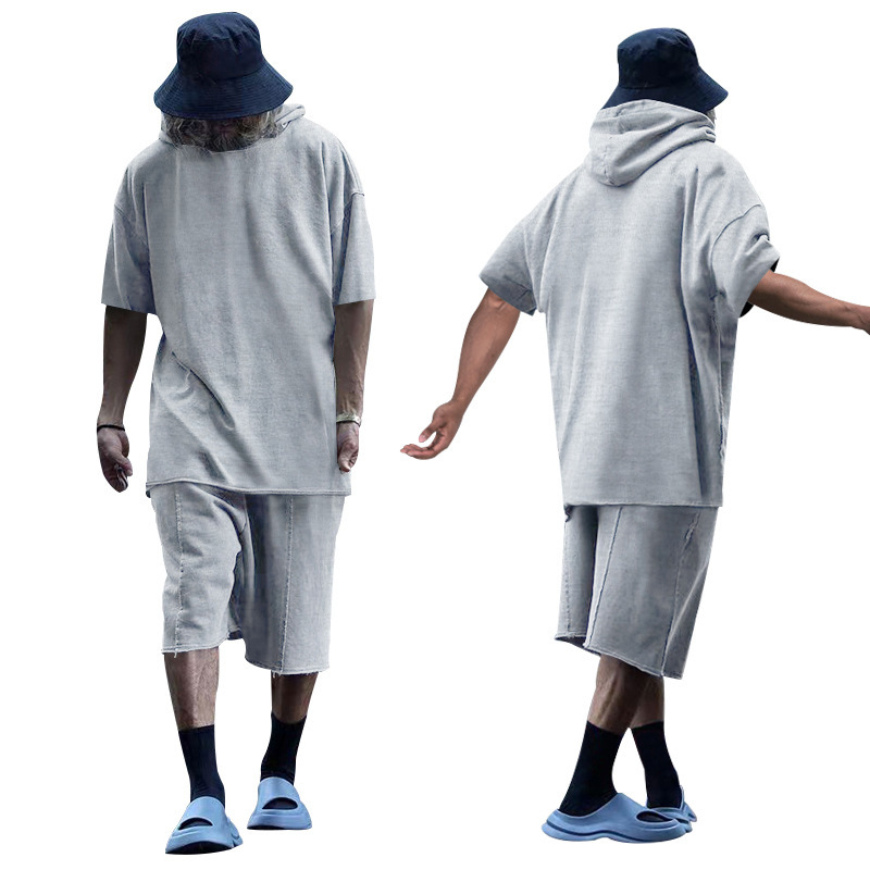2024 Men's Short Sleeve Shorts Oversize Fur Loose Sports Casual Hooded Set_mkmklike.com