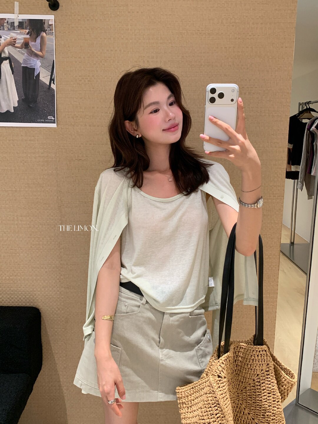 Bộ cardigan len mỏng kèm áo hai dây hai mảnh nữ mùa hè — Xám cacbon, xanh lam, màu hồng, Đậu xanh chi tiết 34