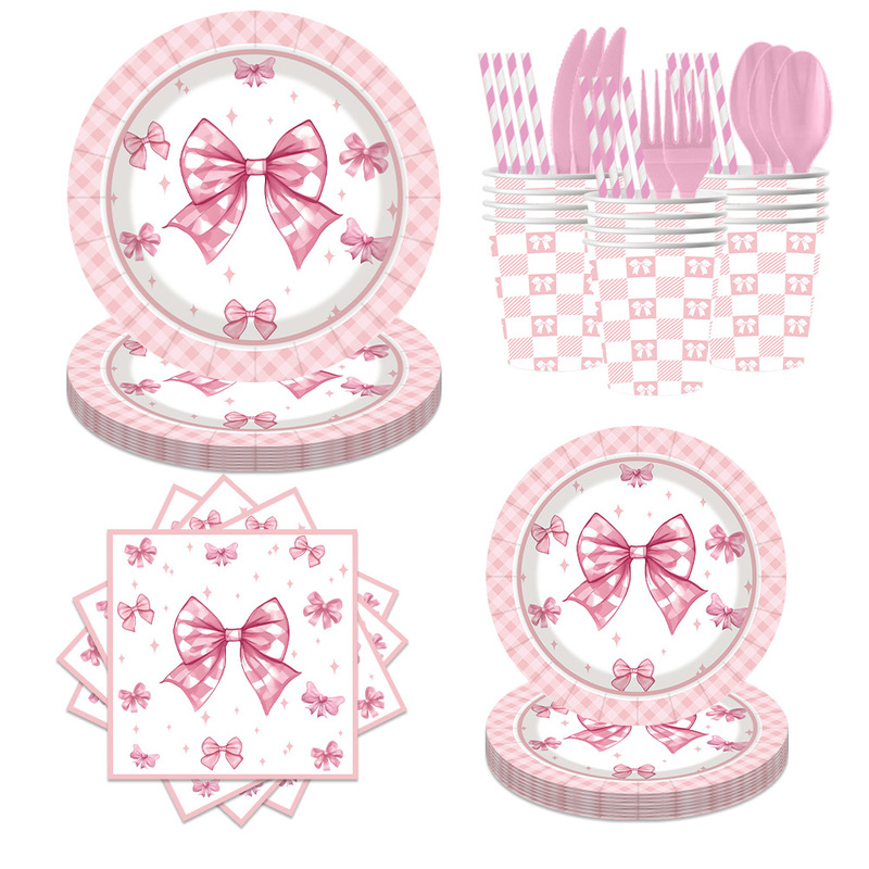 Cross-Border Bow Girl Birthday Party Paper Plate Set Disposable Tableware Dessert Plate Decoration Supplies Girly Heart