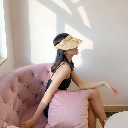 Foldable brimless hat for women, summer raffia hat, beach woven sun protection hat, brimless sunshade hat wholesale