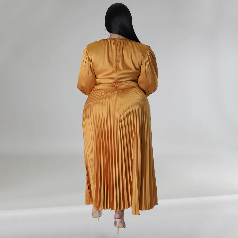 plus size solid color pleated round neck long sleeves long dress NSLNW137734