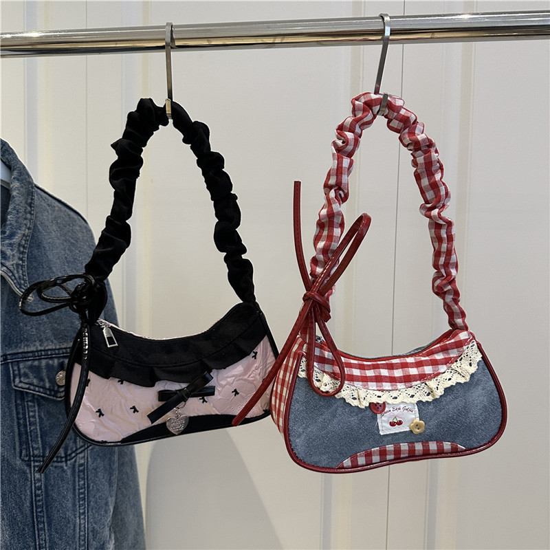Denim Underarm Bag Women's Baguette Bag 2025 New Style Patchwork Small Bag Shoulder Bag Dog Tooth Tote Bag