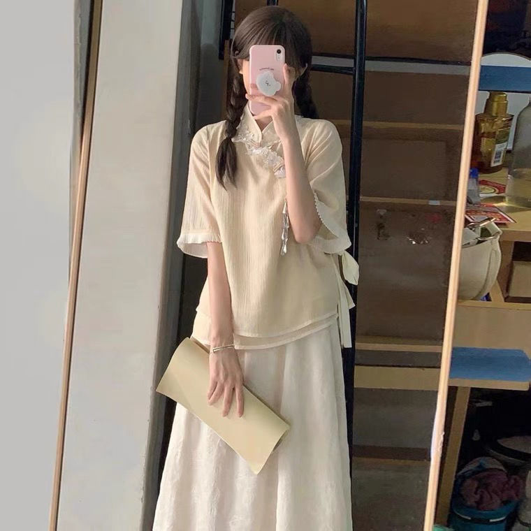 新しい中国風のトップスとスカートのツーピーススーツ夏改良された漢服漢要素の優しいドレス|undefined