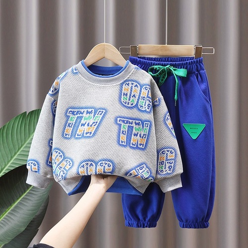 Spring and autumn boys' suits, autumn suits for older children, long-sleeved fake two-piece sweatshirts, casual pants, western-style sportswear two-piece sets