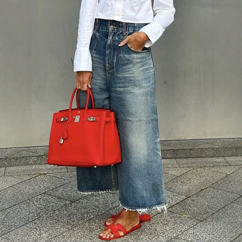 2026 European and American Urban Fashion Denim Wide-Leg Pants Loose Wide-Leg Washed Low-Waist Frayed Jeans