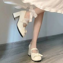小黑妮法式蝴蝶结玛丽珍鞋女2023年新款小众设计感白色粗跟高跟鞋