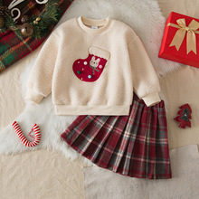 女婴童圣诞袜兔子毛绒卡通套装米白色毛绒卫衣红格百褶裙外贸童装