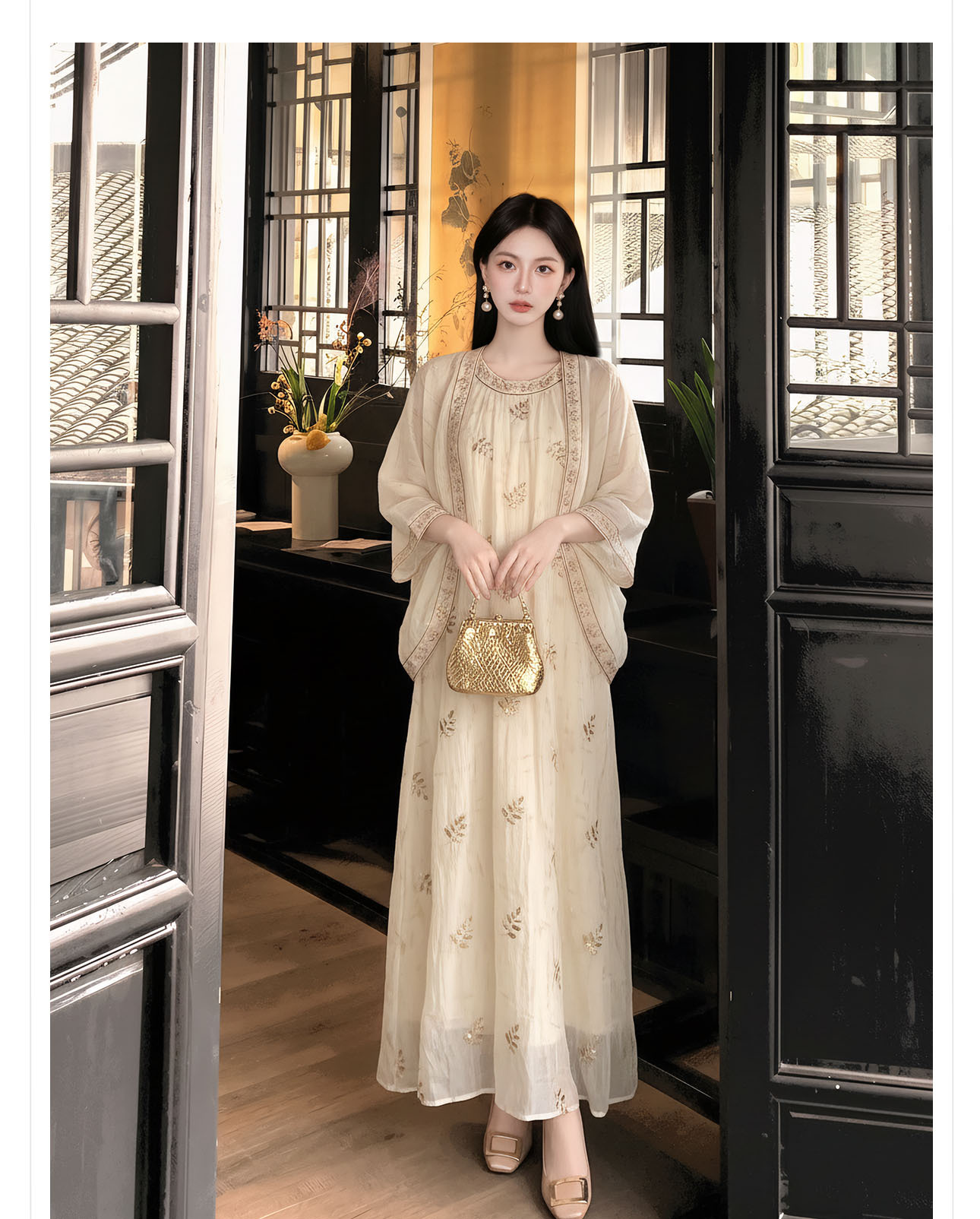 Bộ váy đầm maxi thắt eo phong cách tân cổ điển thêu hoa kết cườm — bộ đồ, váy liền, áo khoác chi tiết 5
