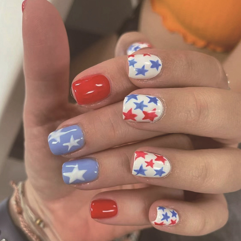 American Independence Day Short Square Red White Blue Five-pointed Star Design Bright Light Removable Faux Nail Fashion Fake Nails American Independence Day Short Square Red White Blue Five-pointed Star Design Bright Light Removable Faux Nail Fashion Fake Nails