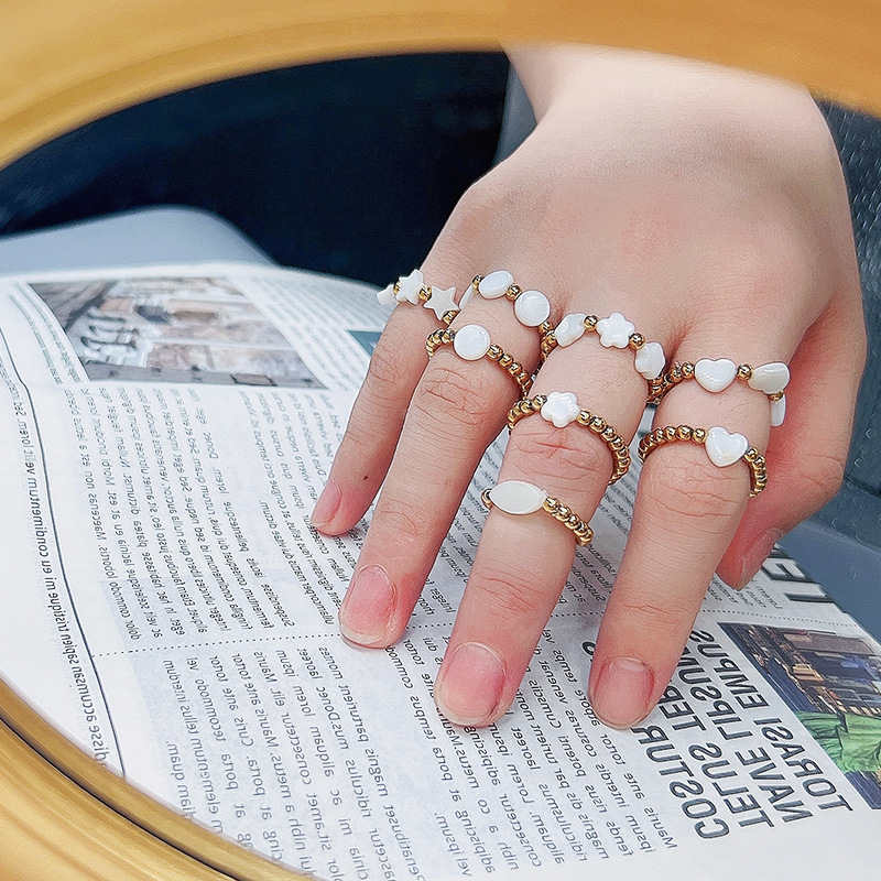 Fashion Heart Shape Flower Stainless Steel Inlay Shell Rings 1 Piece