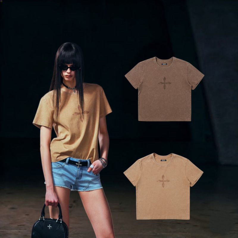 Smfk Retro Wild Tee Washed Faded Cross Flower Vintage T-Shirt Versatile Top Smfk Retro Wild Tee Washed Faded Cross Flower Vintage T-Shirt Versatile Top