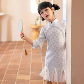 改良版旗袍女童2024新款儿童春秋中国风蕾丝鱼尾小女孩长袖连衣裙