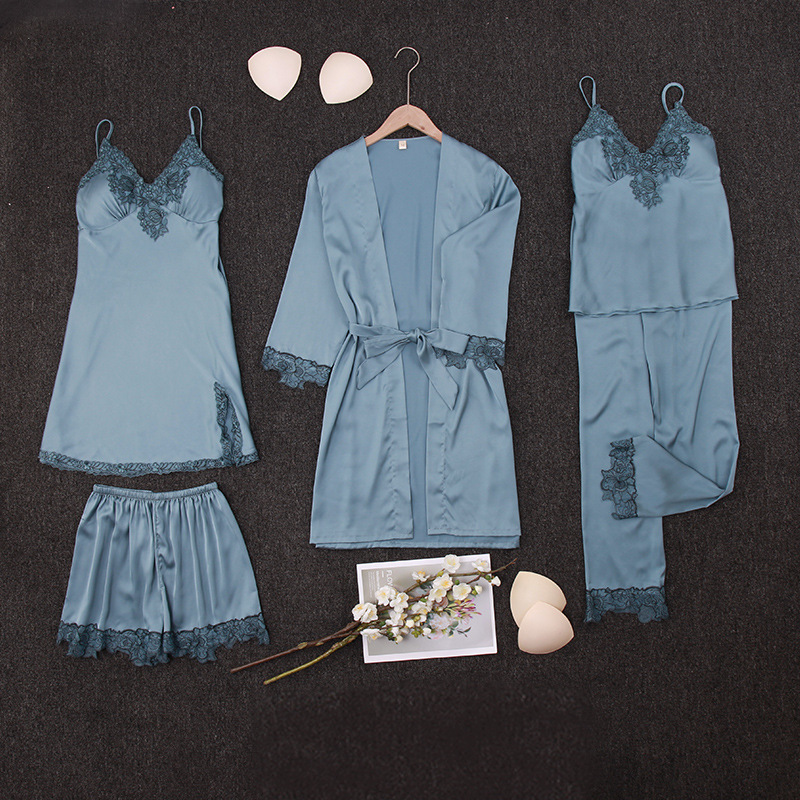 Yaoting-pijamas de gasa satinada para primavera y verano, conjunto de cinco piezas de seda helada, ropa de casa sexy informal y sencilla con almohadillas para el pecho