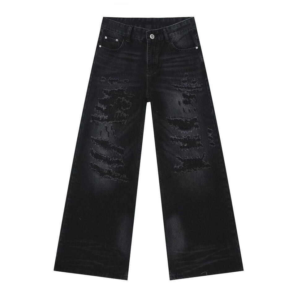 Quần jean nam ống rộng denim rách giặt cũ phong cách đường phố — Màu xanh lam, Đen xám
