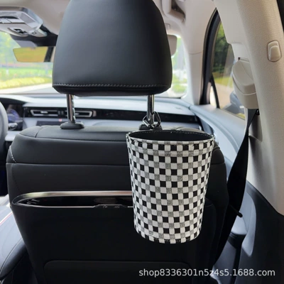 for car seat decoration: Car tissue box/set - black-and-white-bubble-pattern-trash-can-with-trash-bags-seat-version